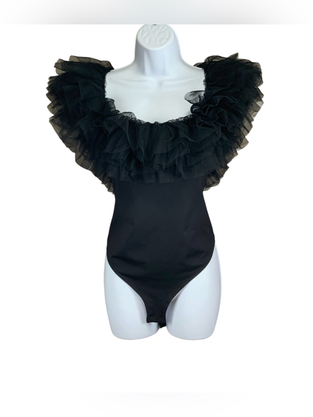 Free People Black Tulle Ruffled Bodysuit